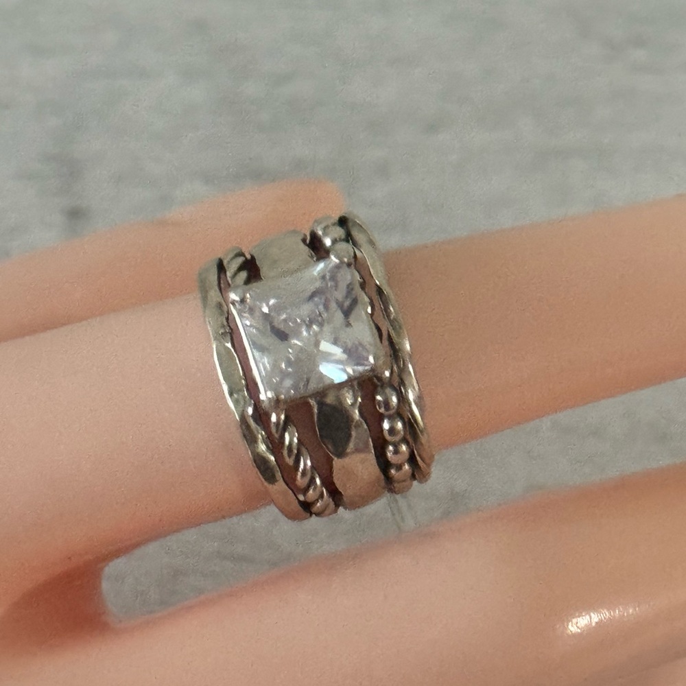 Noa Zuman Sterling Silver 925 CZ Stone Wide Hammered Ring Made in Israel Sz.7